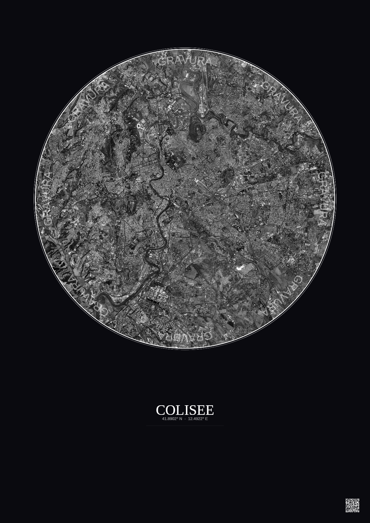 Affiche Colisee – Poster vue satellite 10km N&B | Gravura – Fond foncé