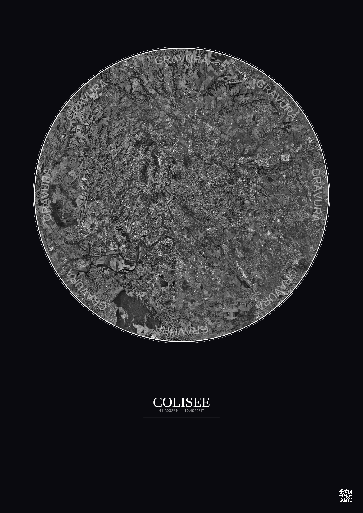 Affiche Colisee – Poster vue satellite 20km N&B | Gravura – Fond foncé
