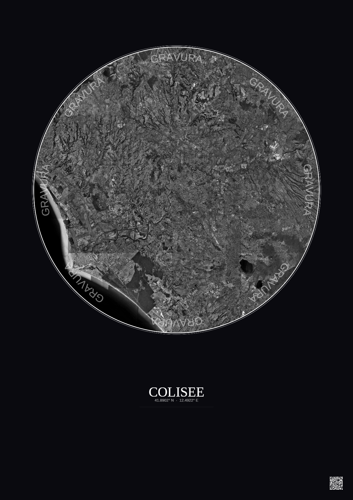 Affiche Colisee – Poster vue satellite 30km N&B | Gravura – Fond foncé
