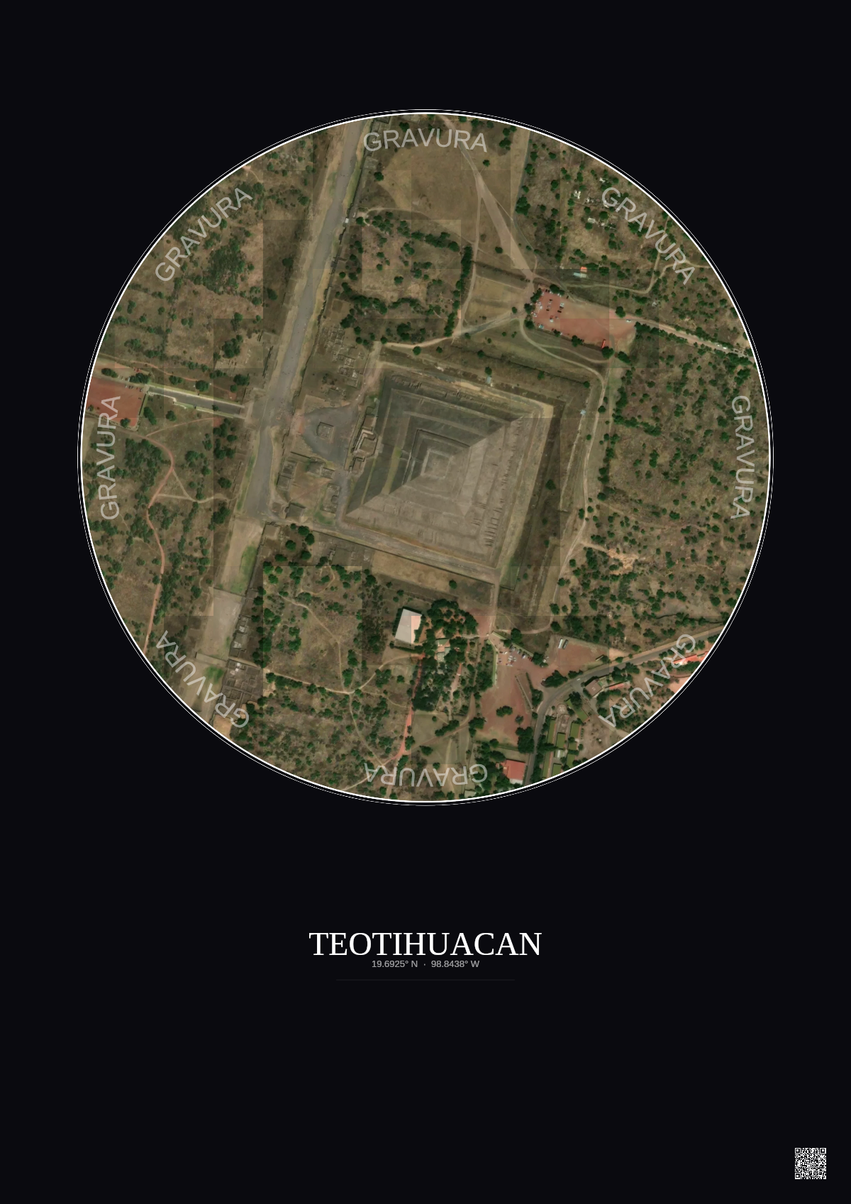 Affiche Teotihuacan – Poster vue satellite 0.5km Couleur | Gravura – Fond foncé