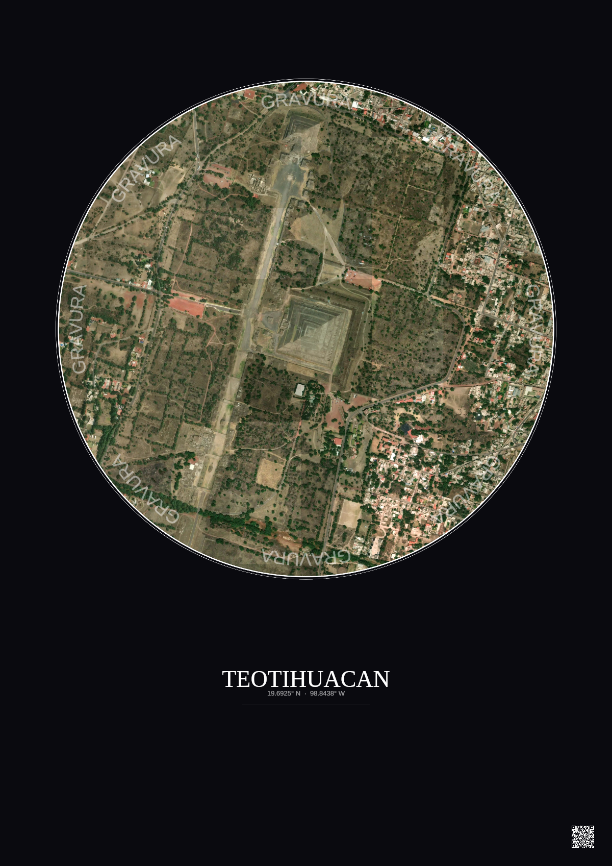 Affiche Teotihuacan – Poster vue satellite 1km Couleur | Gravura – Fond foncé