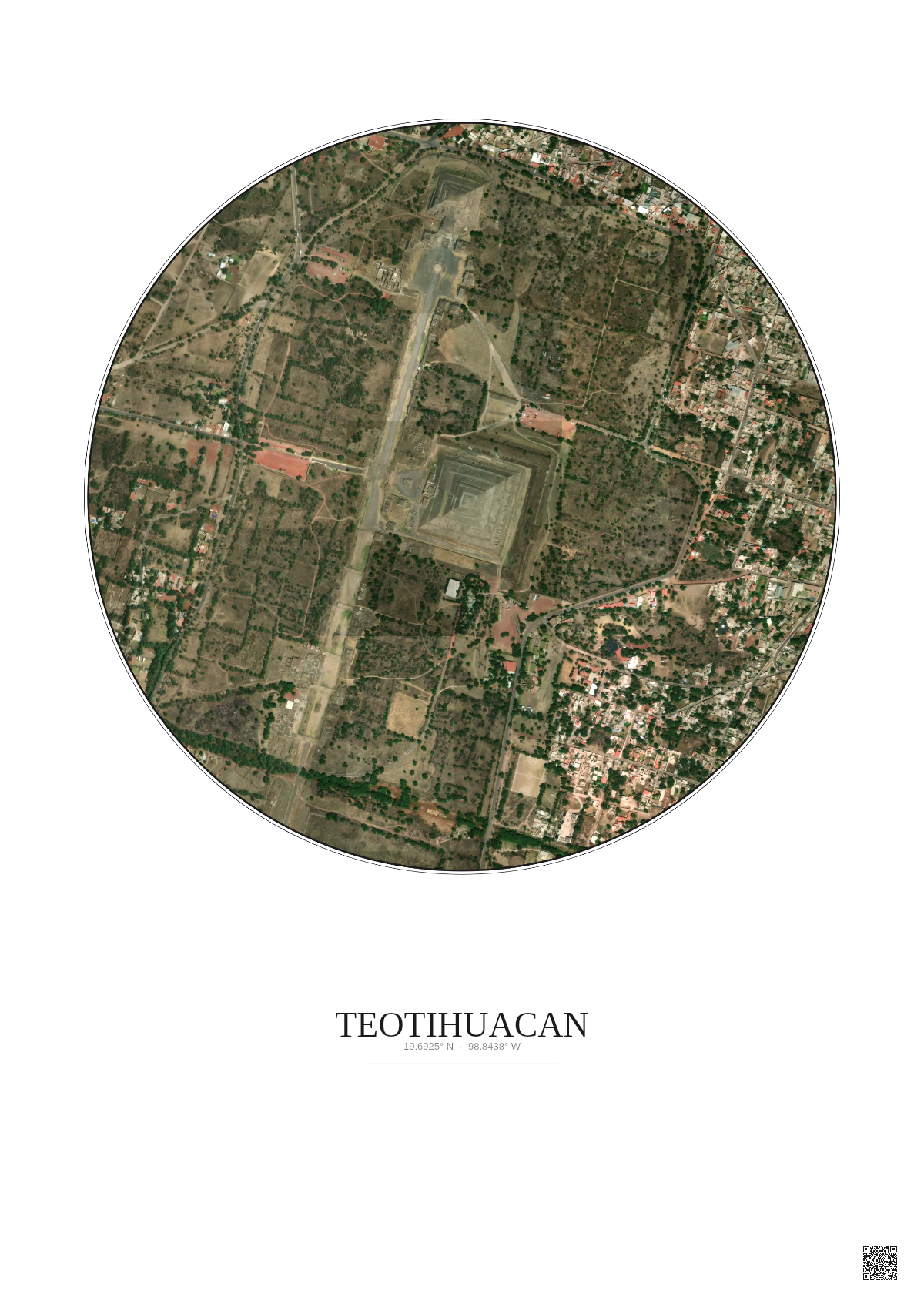 Affiche Teotihuacan – Poster vue satellite 1km Couleur | Gravura – Fond clair
