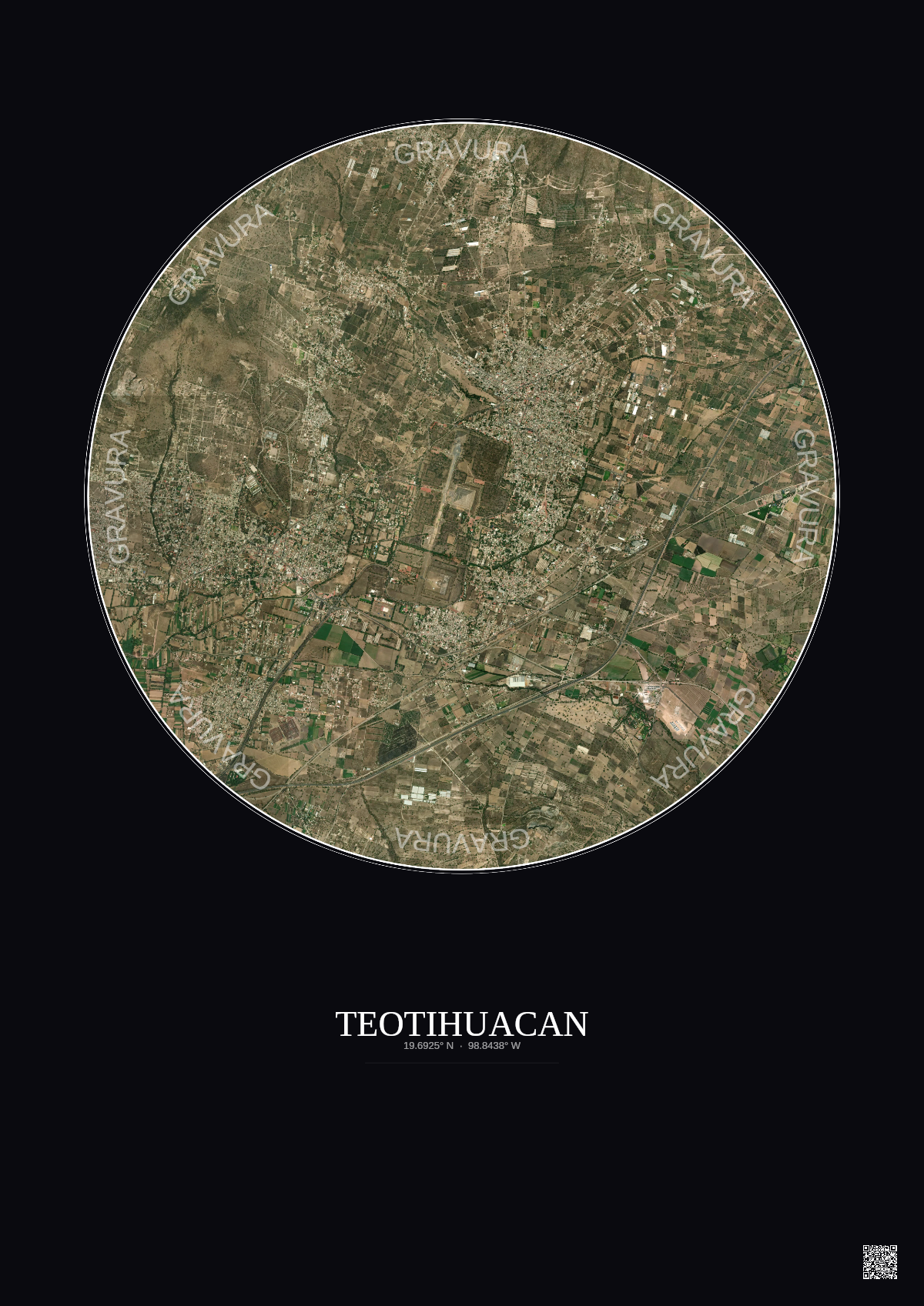 Affiche Teotihuacan – Poster vue satellite 5km Couleur | Gravura – Fond foncé
