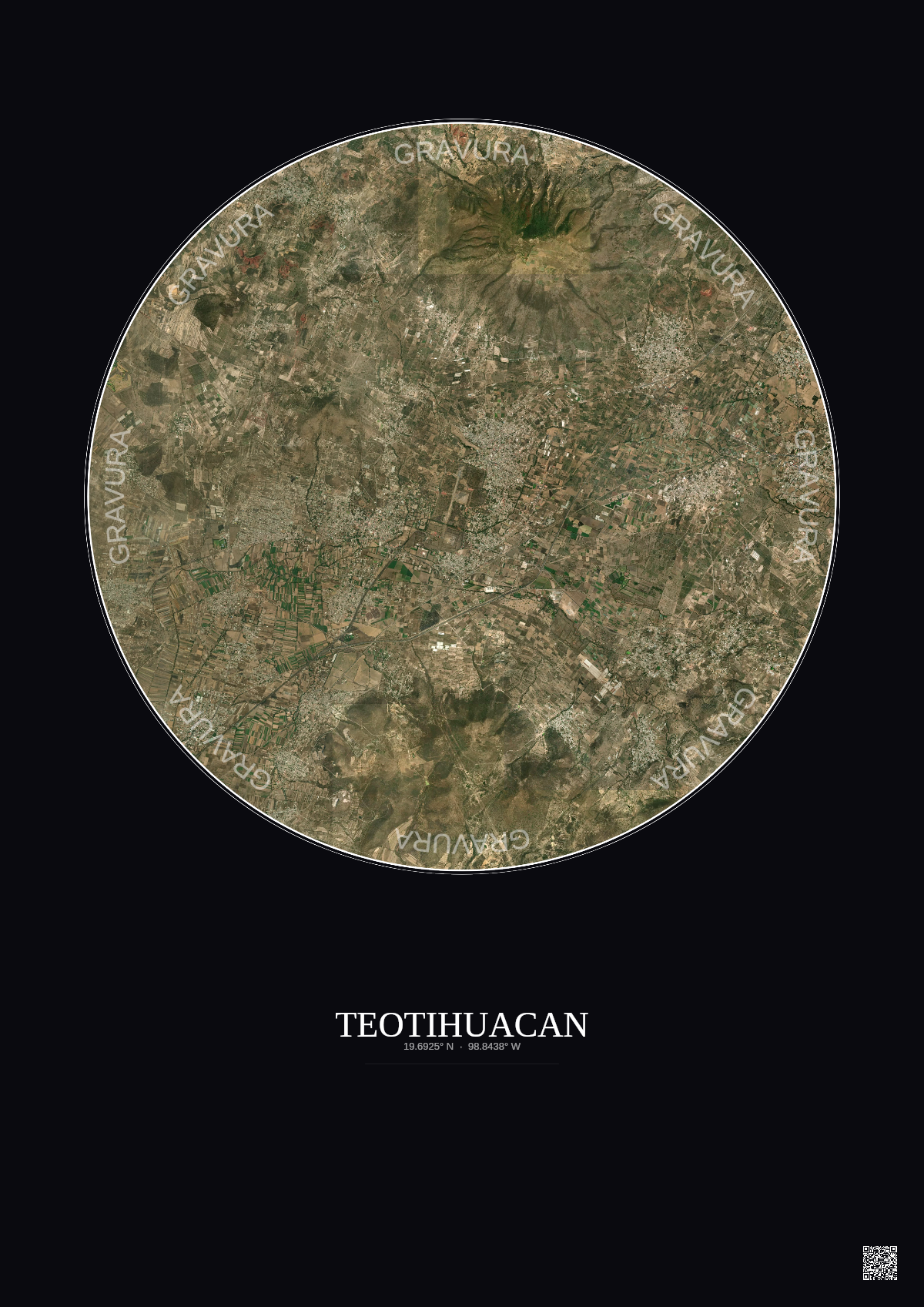 Affiche Teotihuacan – Poster vue satellite 10km Couleur | Gravura – Fond foncé