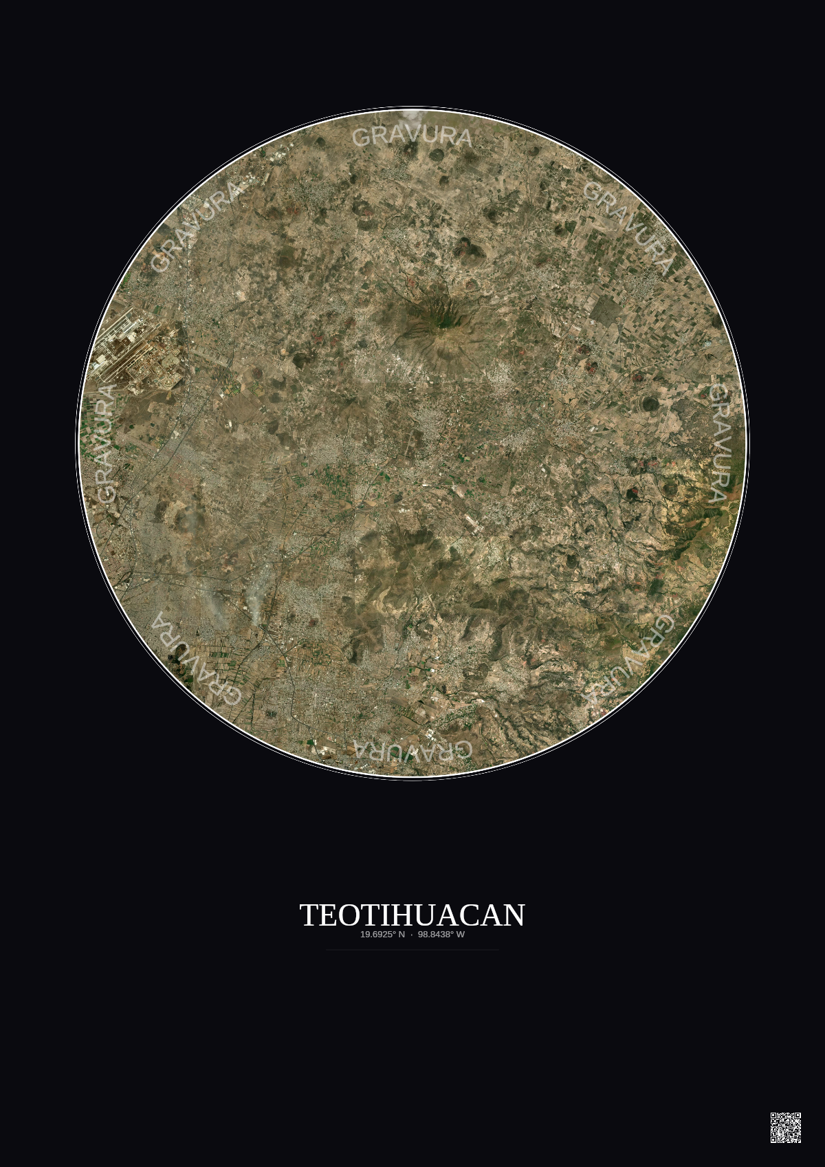 Affiche Teotihuacan – Poster vue satellite 20km Couleur | Gravura – Fond foncé