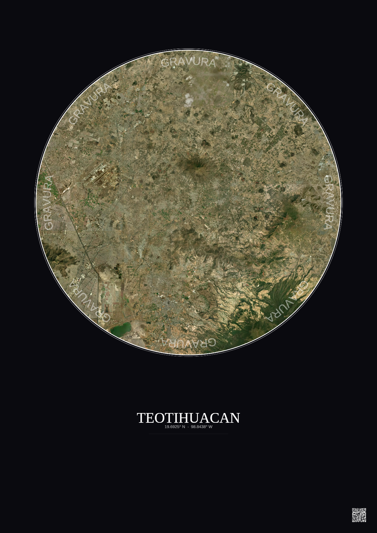 Affiche Teotihuacan – Poster vue satellite 30km Couleur | Gravura – Fond foncé