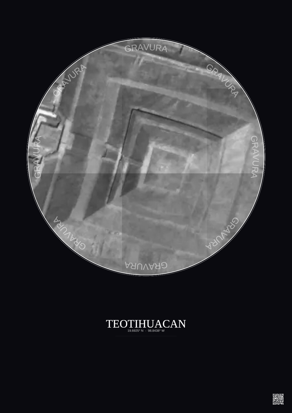 Affiche Teotihuacan – Poster vue satellite 0.1km N&B | Gravura – Fond foncé