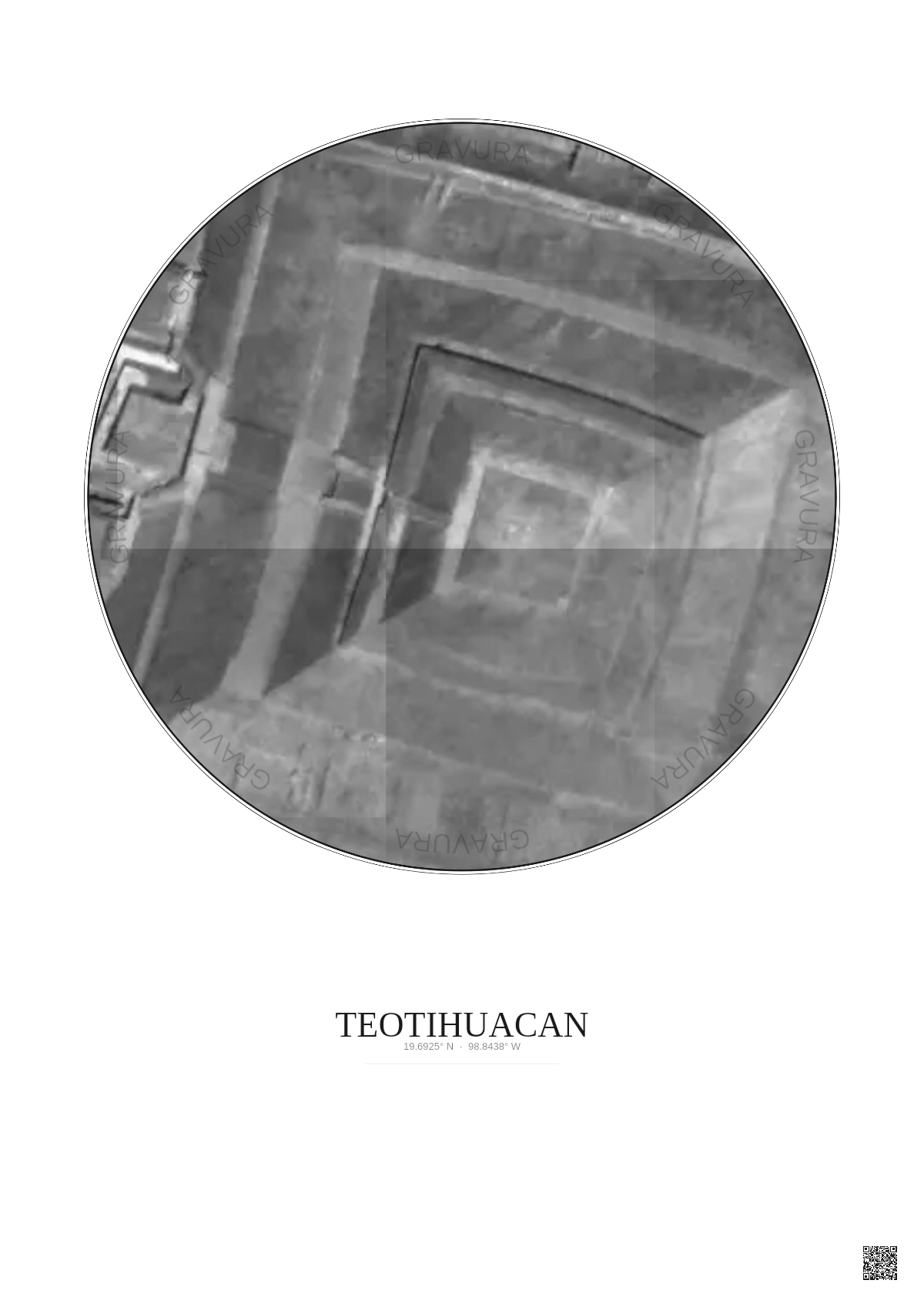Affiche Teotihuacan – Poster vue satellite 0.1km N&B | Gravura – Fond clair