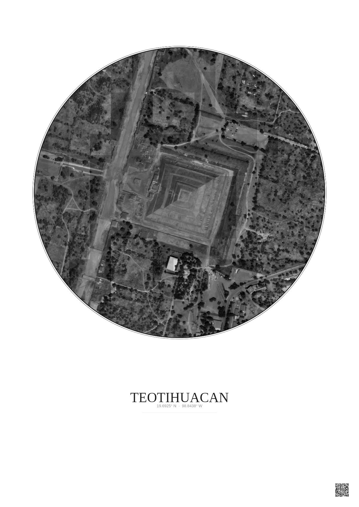 Affiche Teotihuacan – Poster vue satellite 0.5km N&B | Gravura – Fond clair