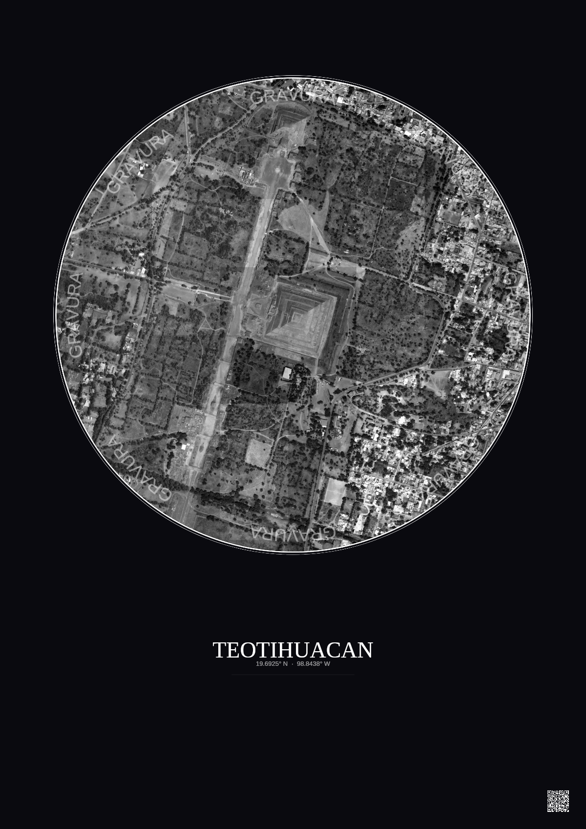 Affiche Teotihuacan – Poster vue satellite 1km N&B | Gravura – Fond foncé