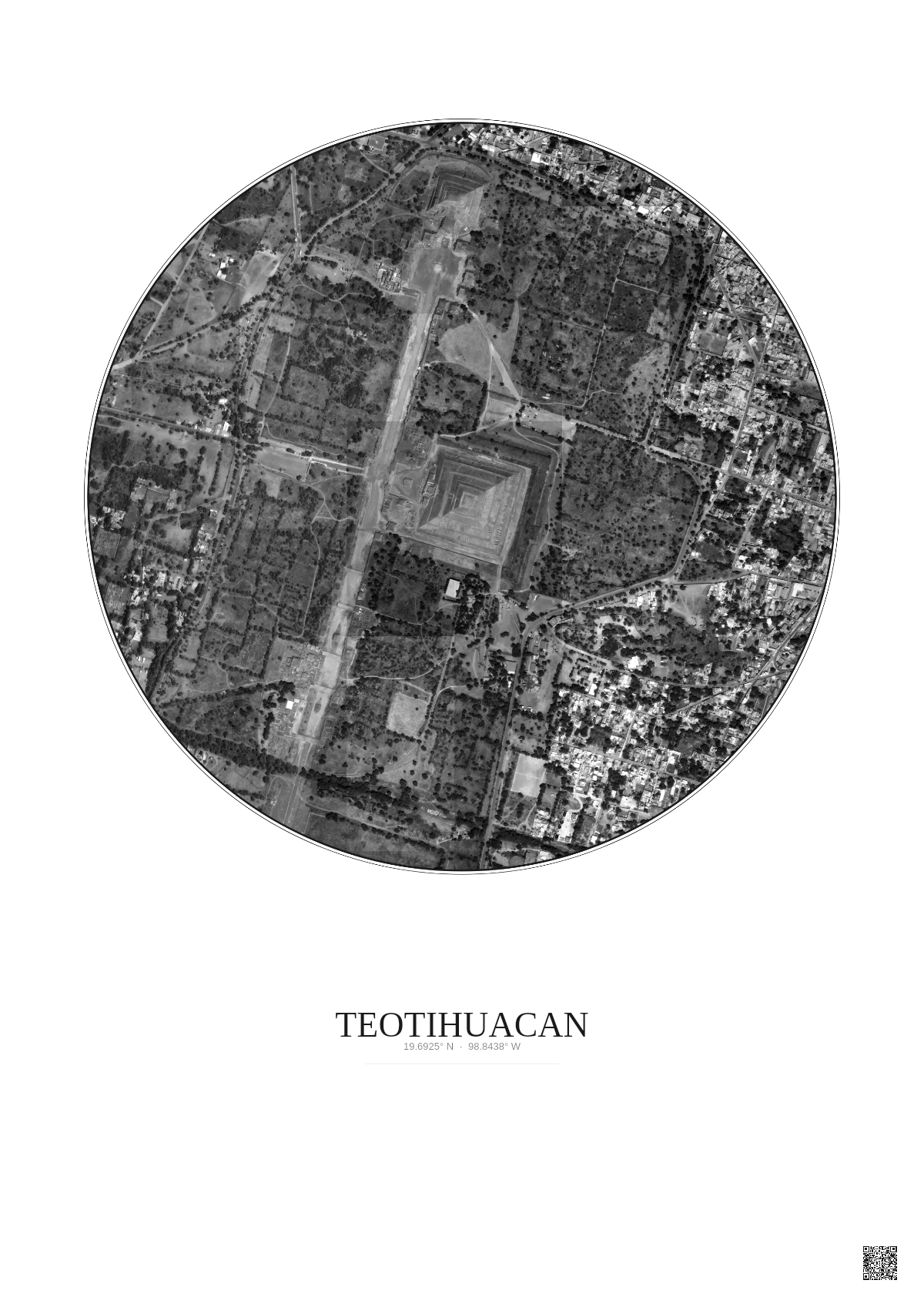 Affiche Teotihuacan – Poster vue satellite 1km N&B | Gravura – Fond clair