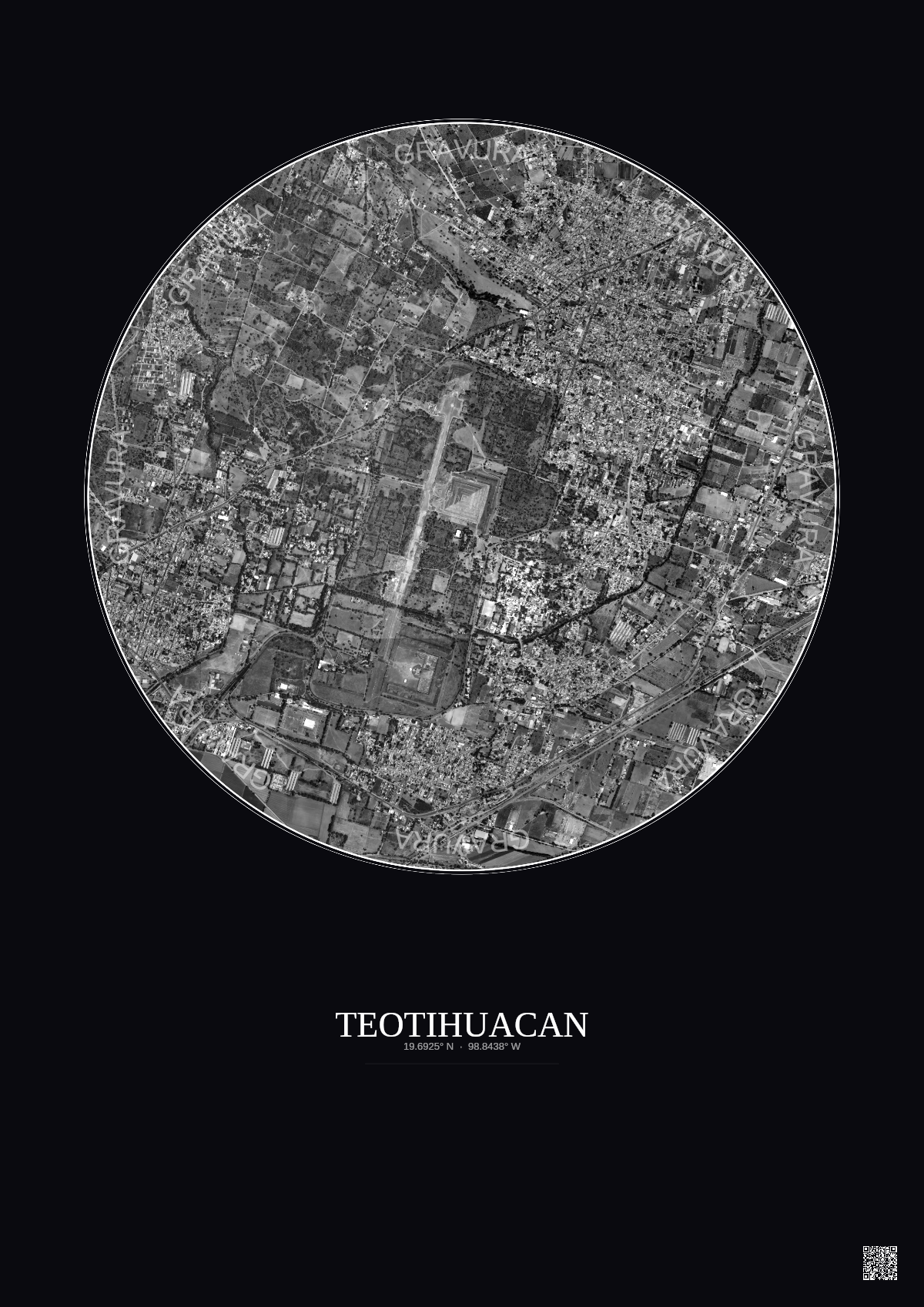Affiche Teotihuacan – Poster vue satellite 2.5km N&B | Gravura – Fond foncé