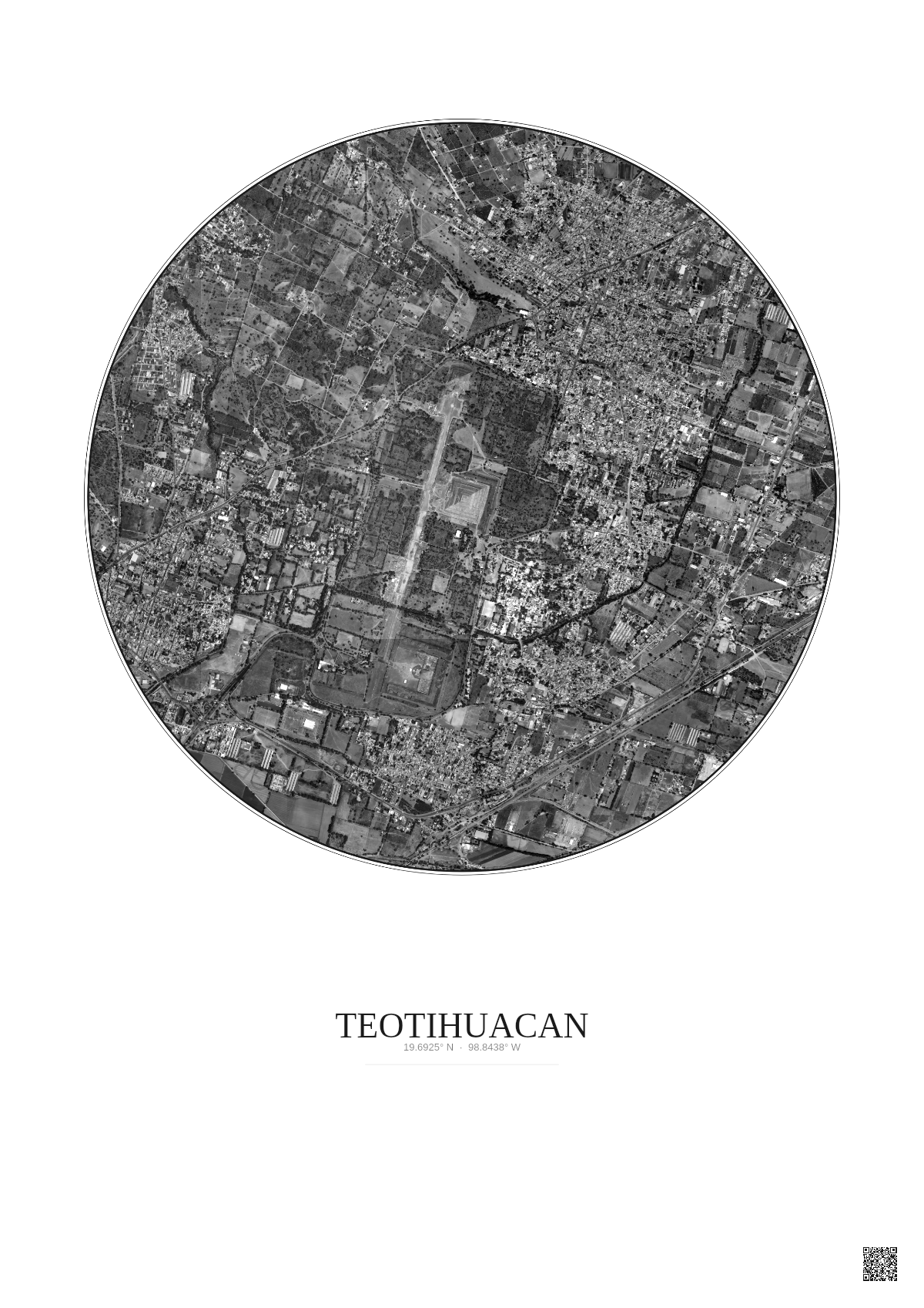 Affiche Teotihuacan – Poster vue satellite 2.5km N&B | Gravura – Fond clair
