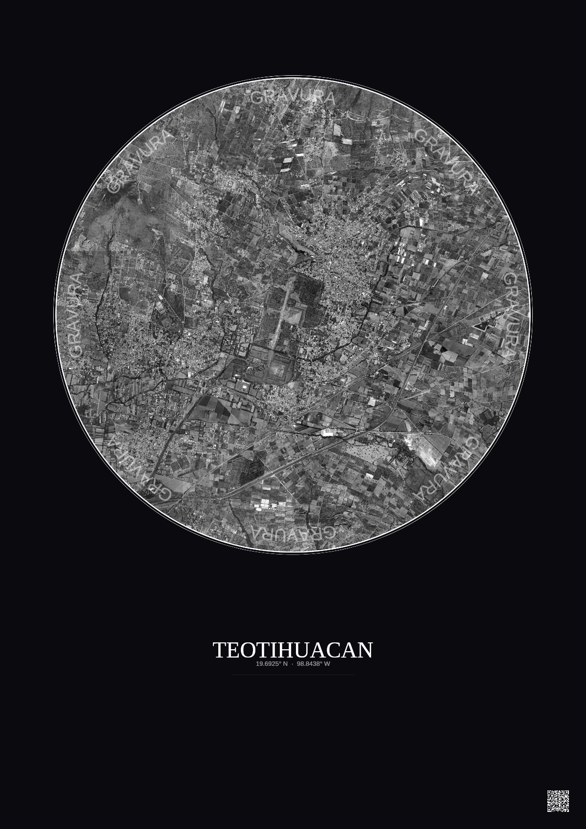 Affiche Teotihuacan – Poster vue satellite 5km N&B | Gravura – Fond foncé