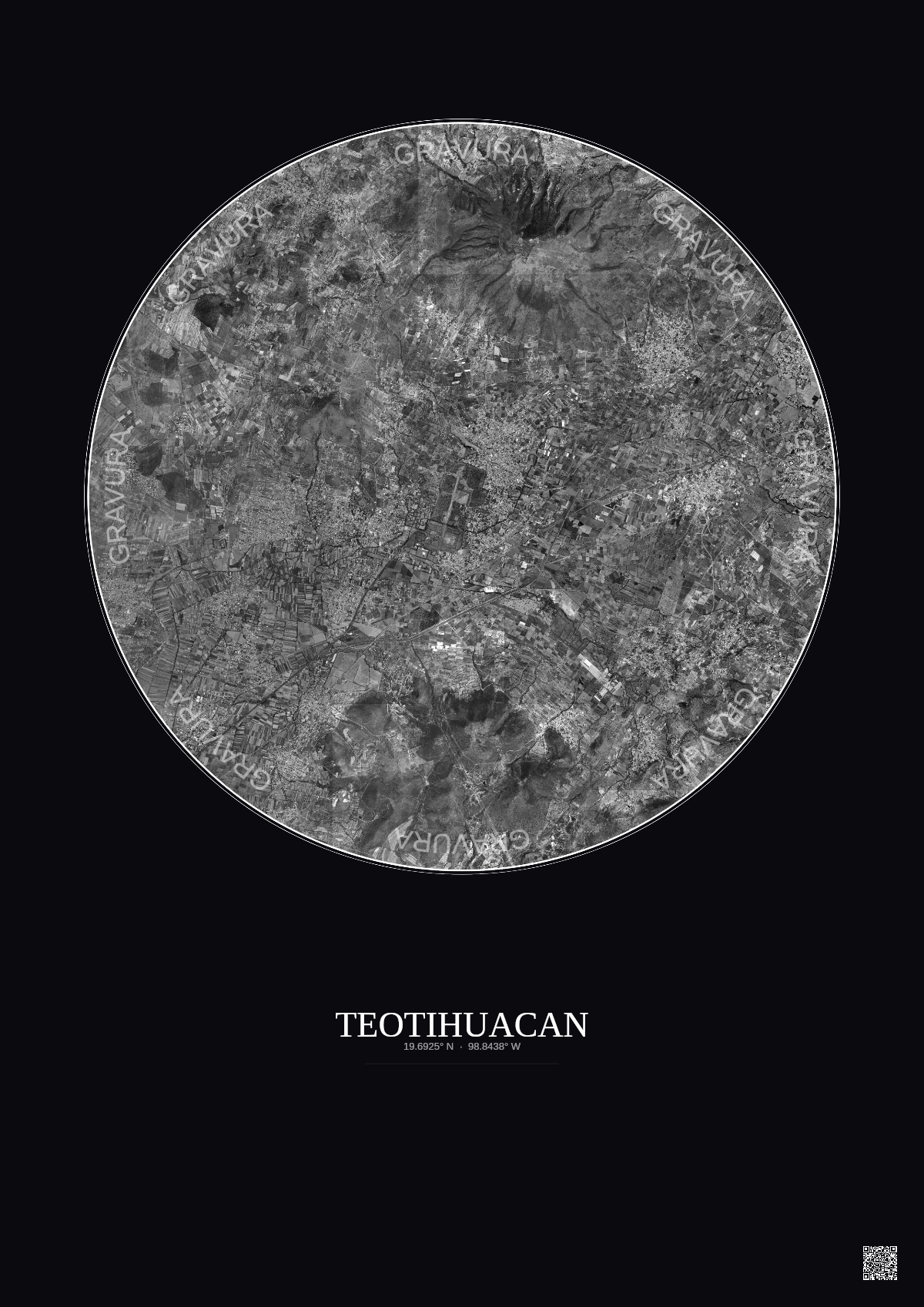 Affiche Teotihuacan – Poster vue satellite 10km N&B | Gravura – Fond foncé