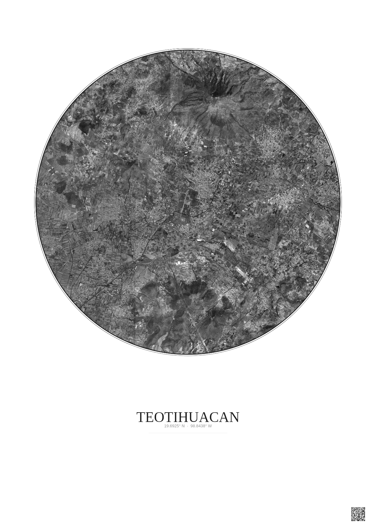 Affiche Teotihuacan – Poster vue satellite 10km N&B | Gravura – Fond clair