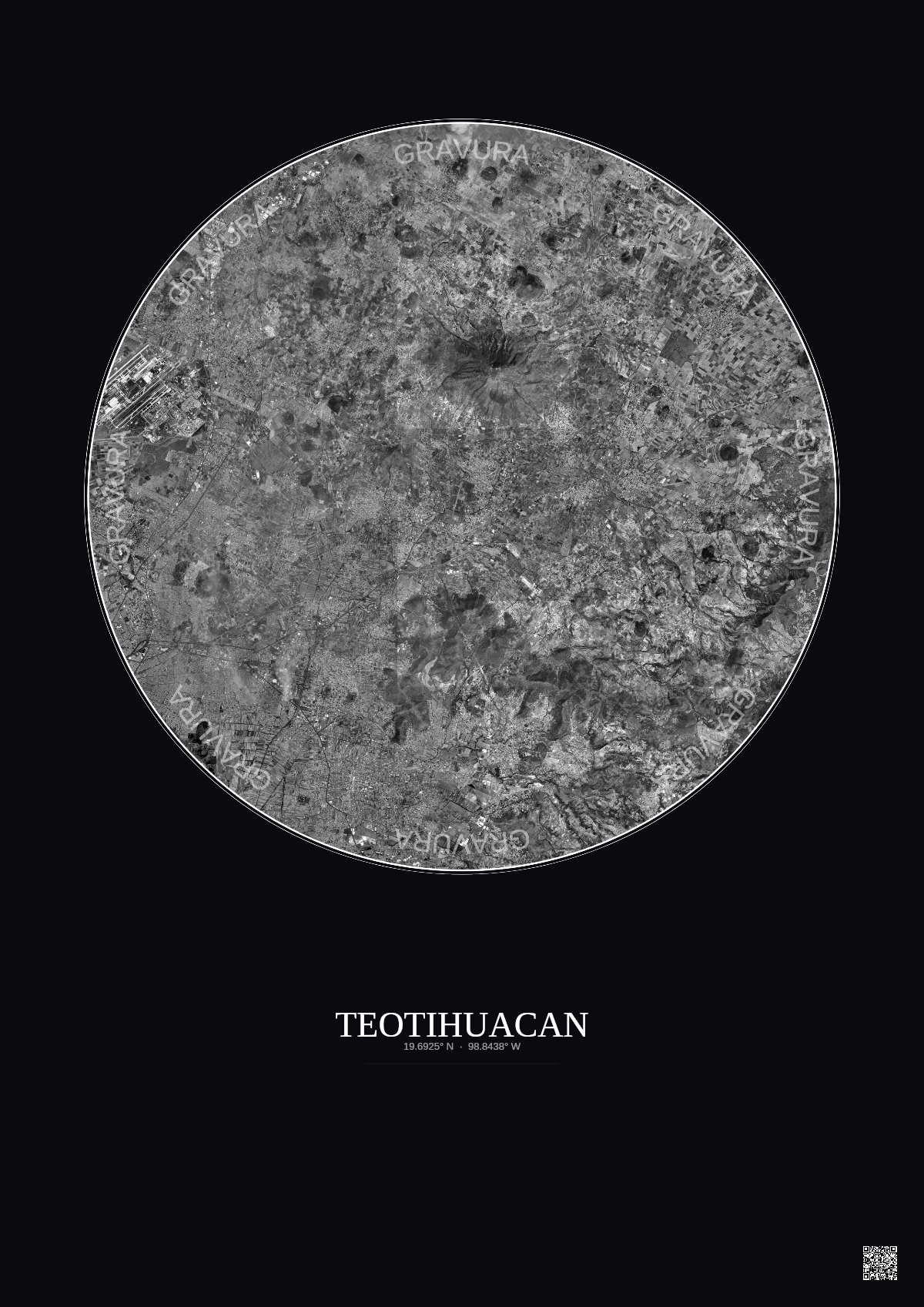 Affiche Teotihuacan – Poster vue satellite 20km N&B | Gravura – Fond foncé