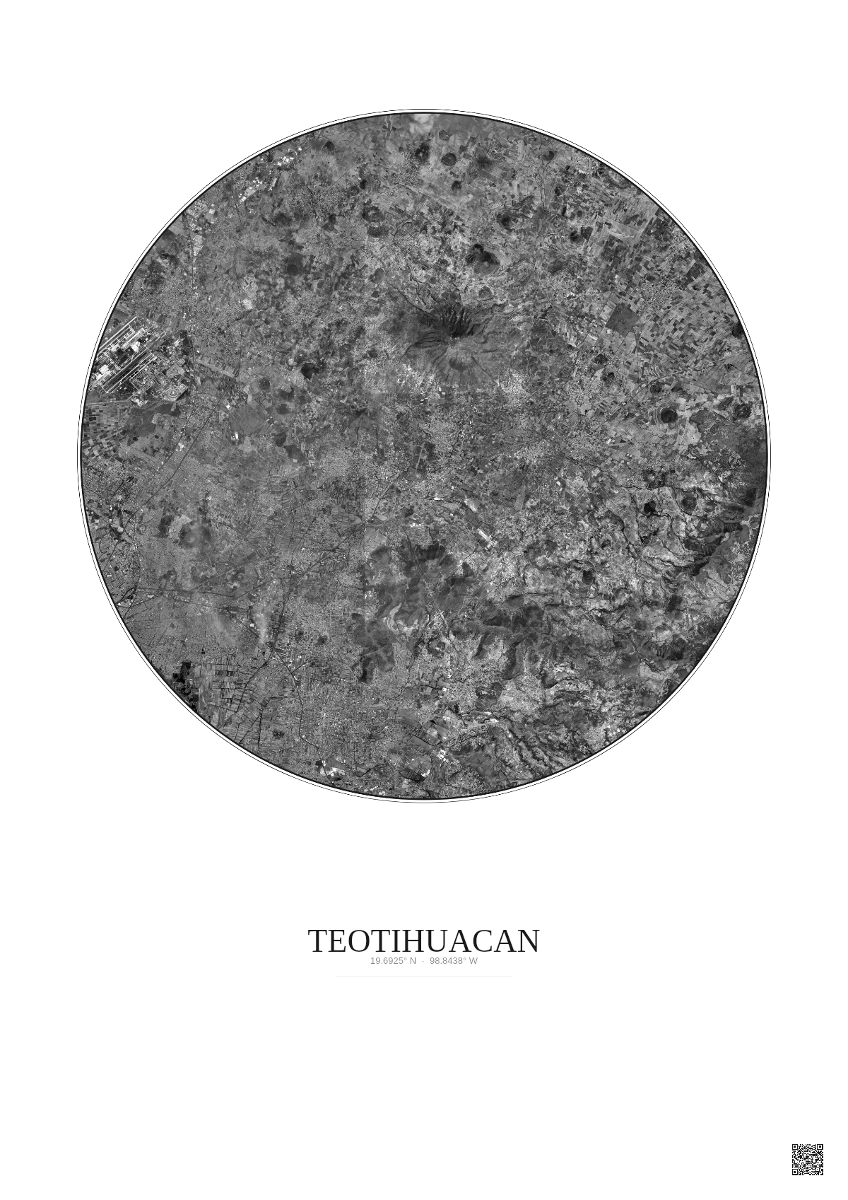 Affiche Teotihuacan – Poster vue satellite 20km N&B | Gravura – Fond clair