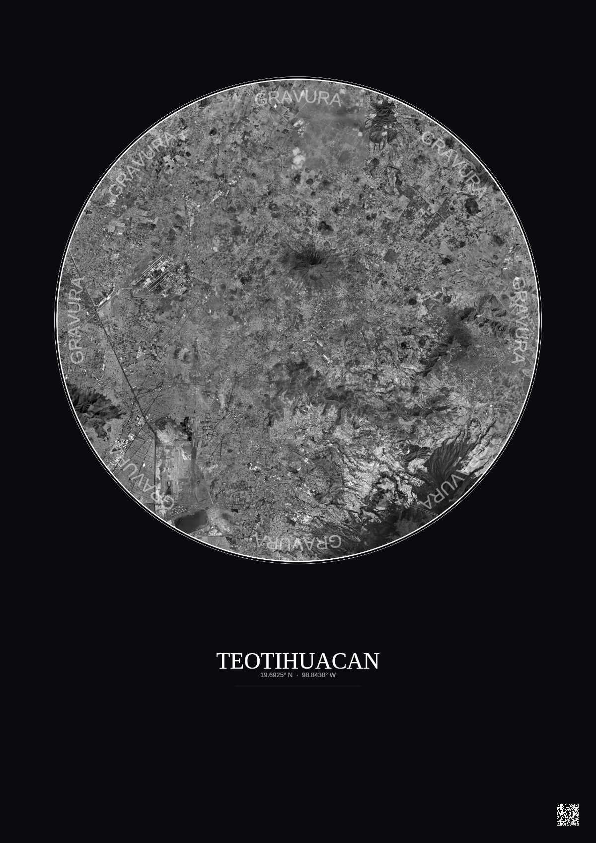 Affiche Teotihuacan – Poster vue satellite 30km N&B | Gravura – Fond foncé