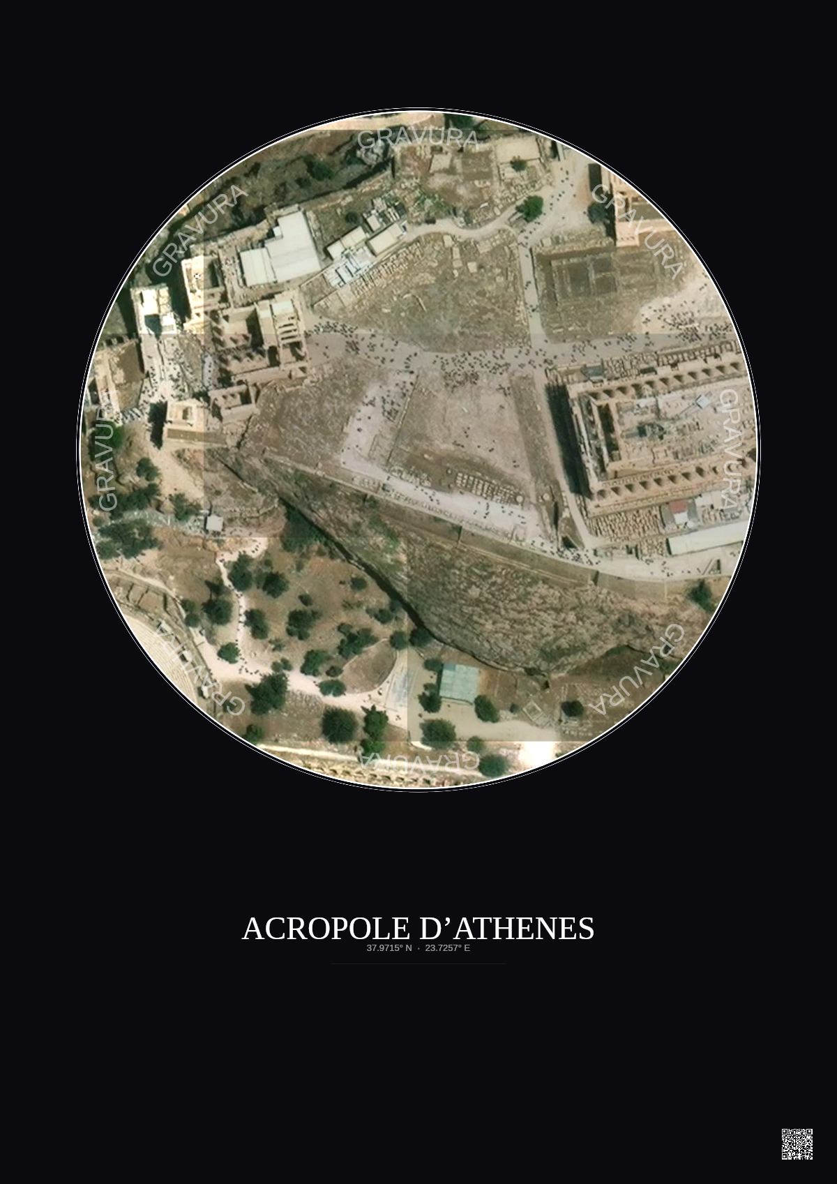 Affiche Acropole Dathenes – Poster vue satellite 0.1km Couleur | Gravura – Fond foncé