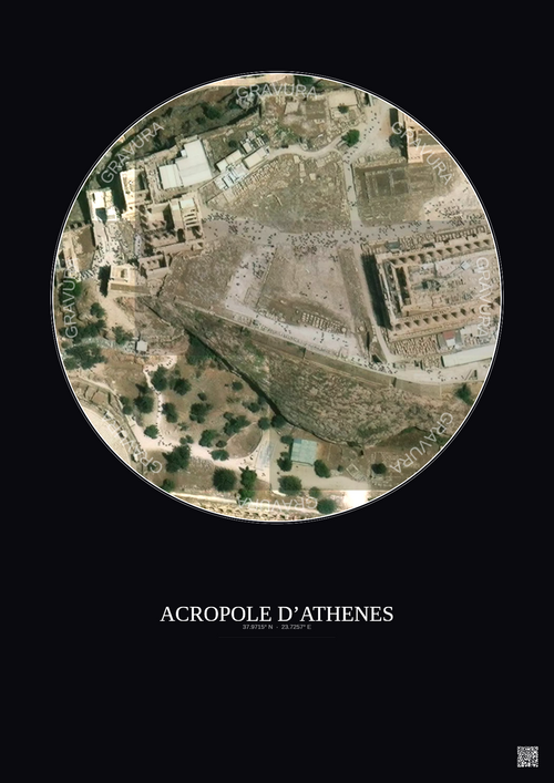 Affiche Acropole Dathenes – Poster vue satellite 0.1km Couleur | Gravura – Fond foncé