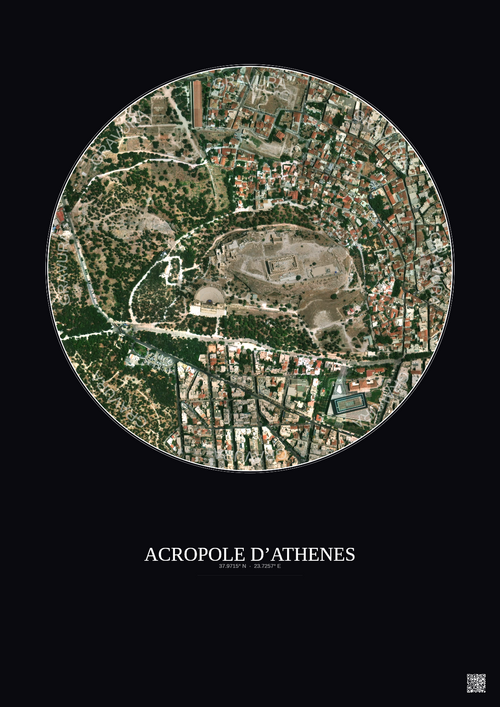 Affiche Acropole Dathenes – Poster vue satellite 0.5km Couleur | Gravura – Fond foncé