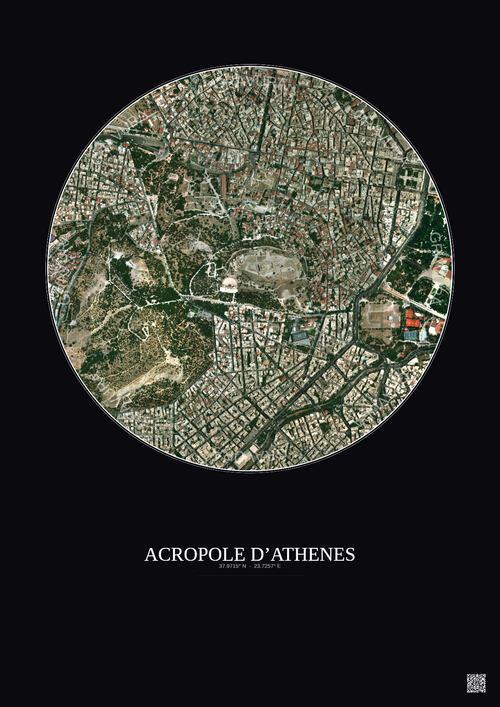 Affiche Acropole Dathenes – Poster vue satellite 1km Couleur | Gravura – Fond foncé