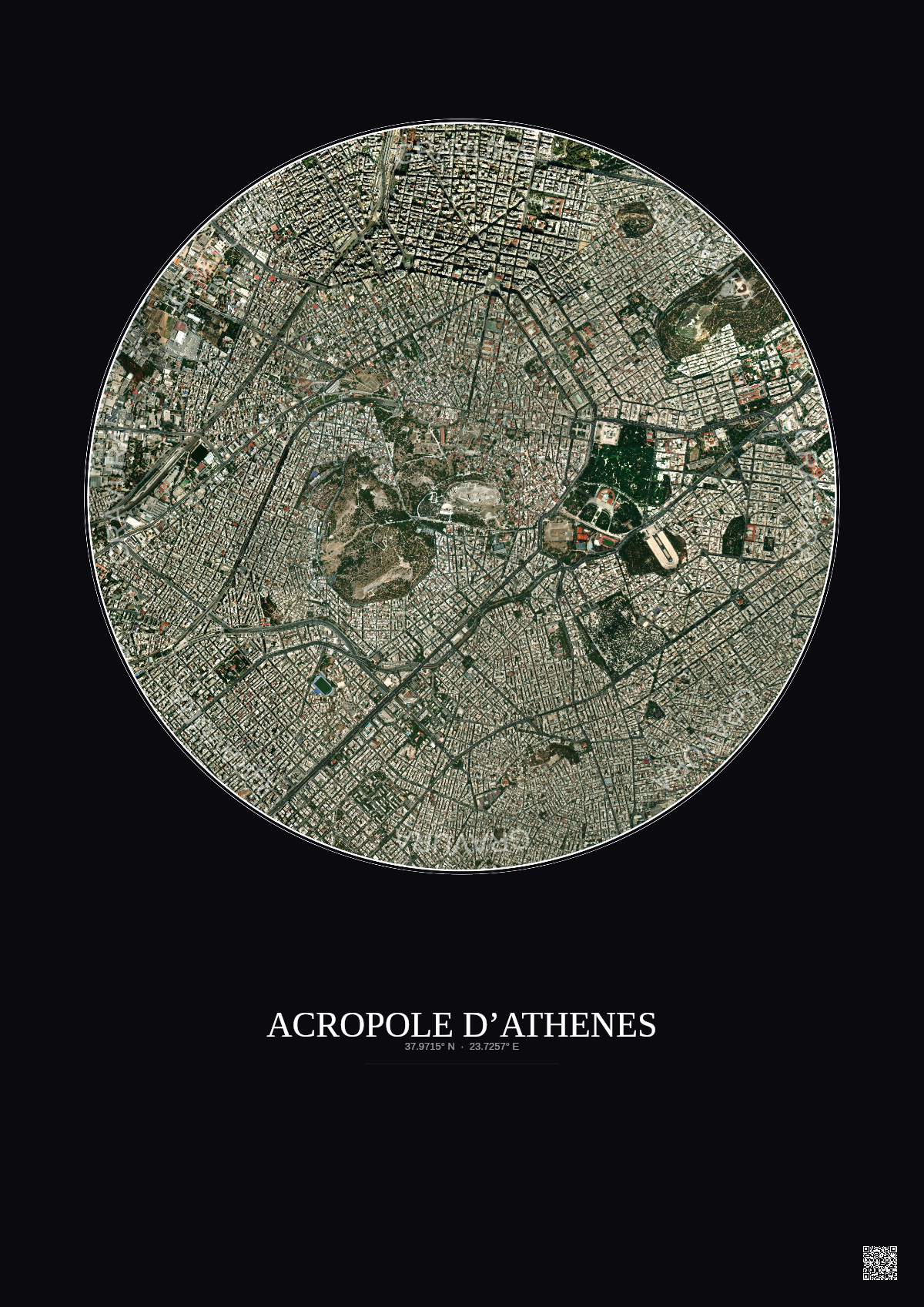 Affiche Acropole Dathenes – Poster vue satellite 2.5km Couleur | Gravura – Fond foncé