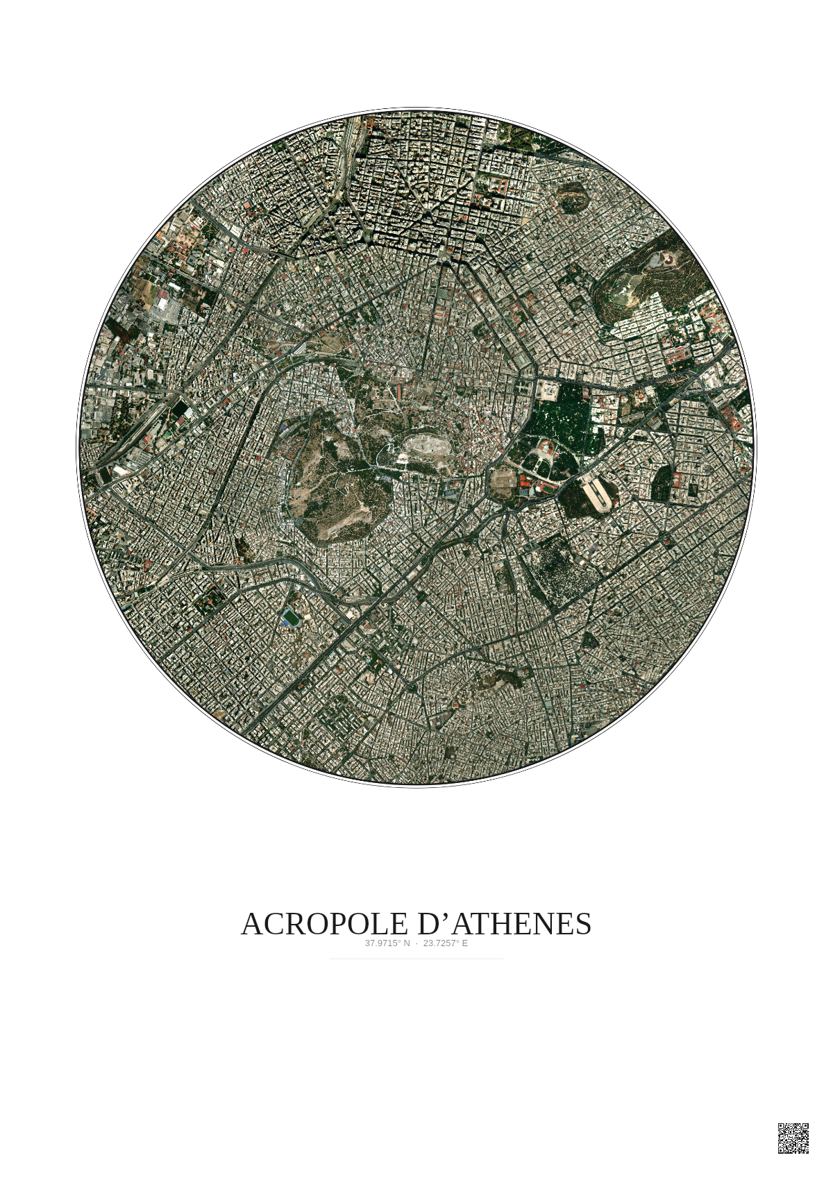 Affiche Acropole Dathenes – Poster vue satellite 2.5km Couleur | Gravura – Fond clair