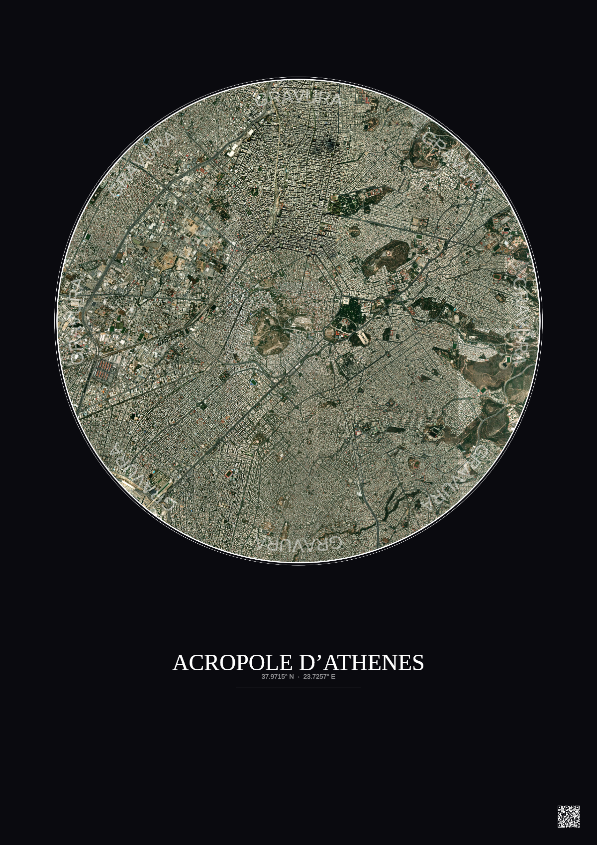 Affiche Acropole Dathenes – Poster vue satellite 5km Couleur | Gravura – Fond foncé