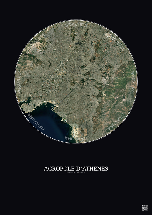 Affiche Acropole Dathenes – Poster vue satellite 10km Couleur | Gravura – Fond foncé