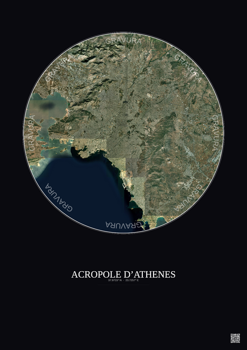 Affiche Acropole Dathenes – Poster vue satellite 20km Couleur | Gravura – Fond foncé