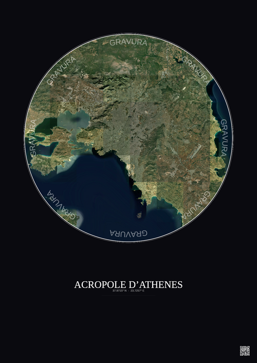 Affiche Acropole Dathenes – Poster vue satellite 30km Couleur | Gravura – Fond foncé