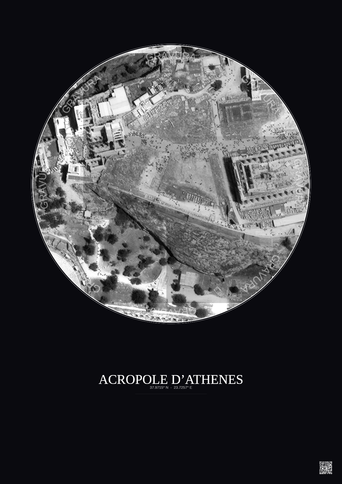 Affiche Acropole Dathenes – Poster vue satellite 0.1km N&B | Gravura – Fond foncé
