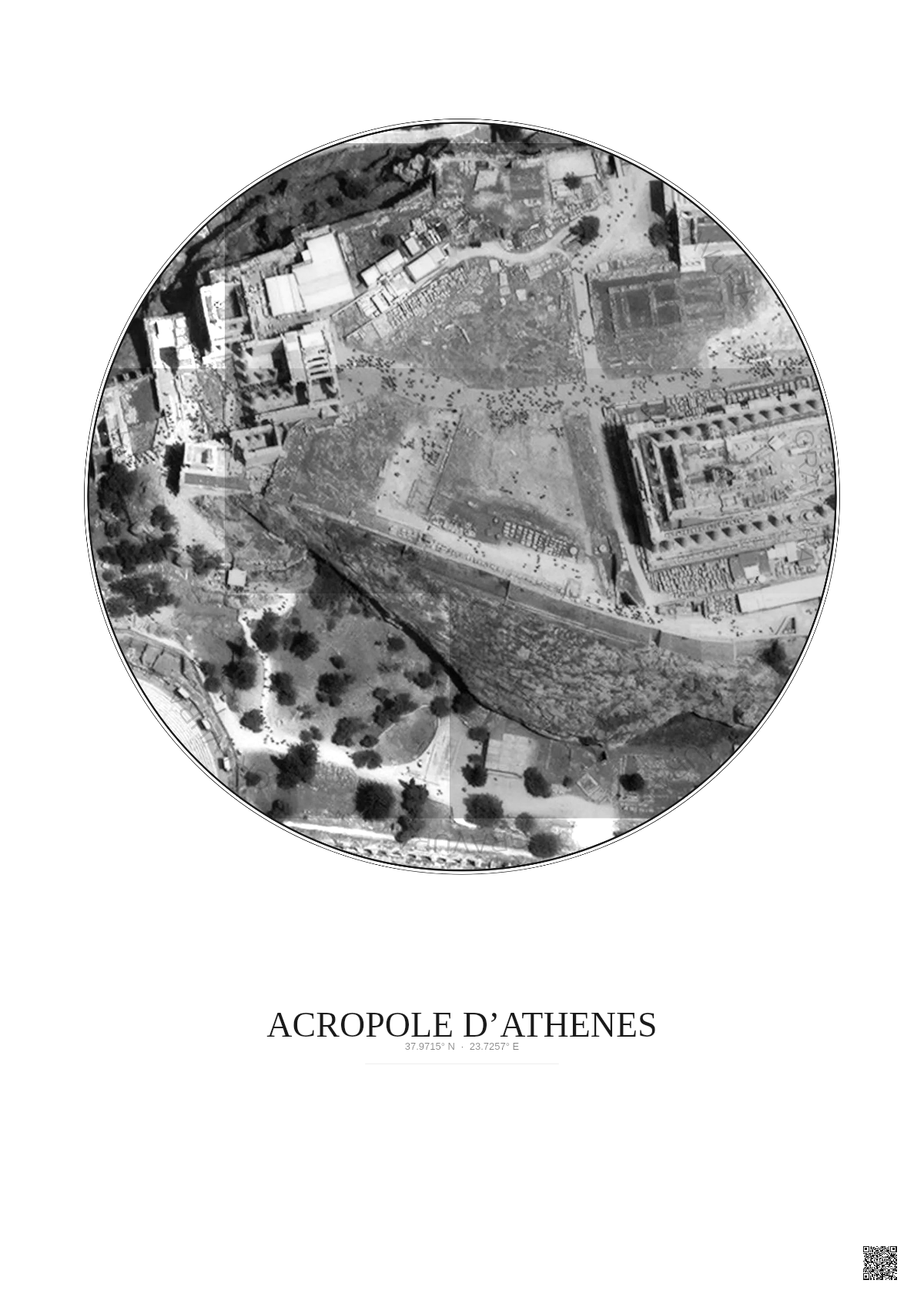 Affiche Acropole Dathenes – Poster vue satellite 0.1km N&B | Gravura – Fond clair