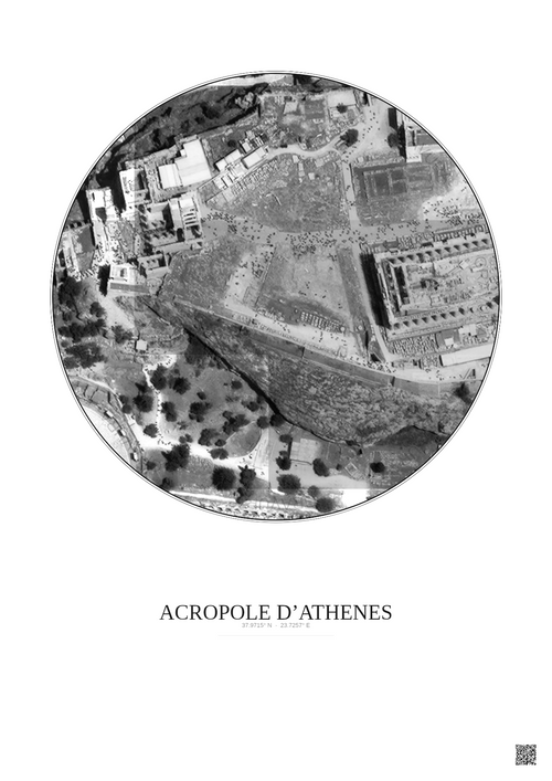 Affiche Acropole Dathenes – Poster vue satellite 0.1km N&B | Gravura – Fond clair