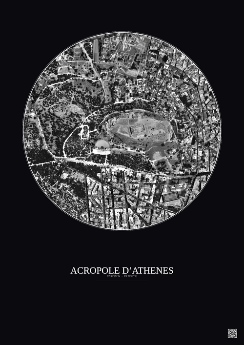 Affiche Acropole Dathenes – Poster vue satellite 0.5km N&B | Gravura – Fond foncé