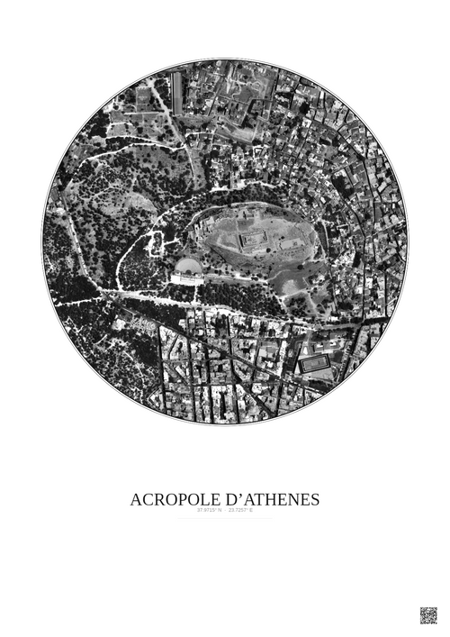 Affiche Acropole Dathenes – Poster vue satellite 0.5km N&B | Gravura – Fond clair