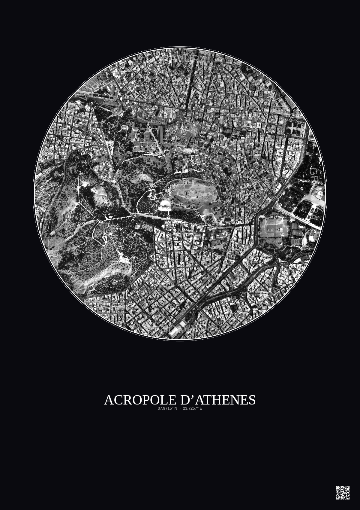 Affiche Acropole Dathenes – Poster vue satellite 1km N&B | Gravura – Fond foncé
