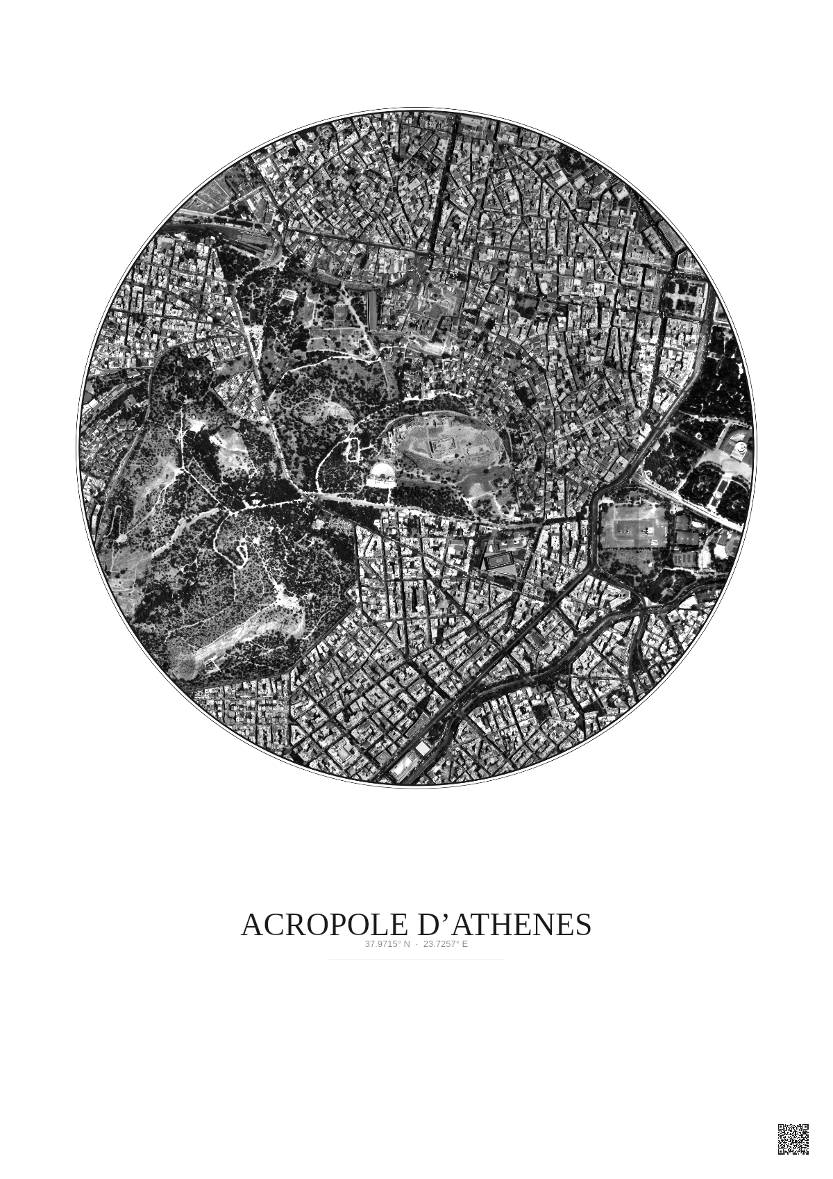 Affiche Acropole Dathenes – Poster vue satellite 1km N&B | Gravura – Fond clair