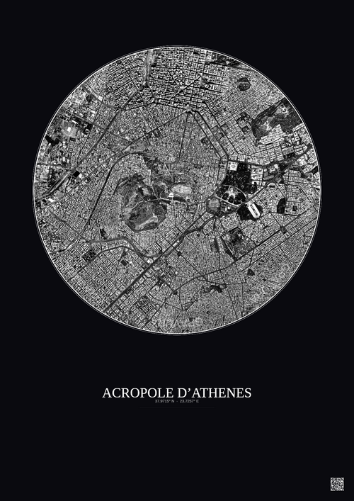 Affiche Acropole Dathenes – Poster vue satellite 2.5km N&B | Gravura – Fond foncé