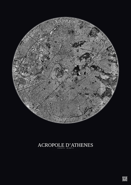 Affiche Acropole Dathenes – Poster vue satellite 5km N&B | Gravura – Fond foncé