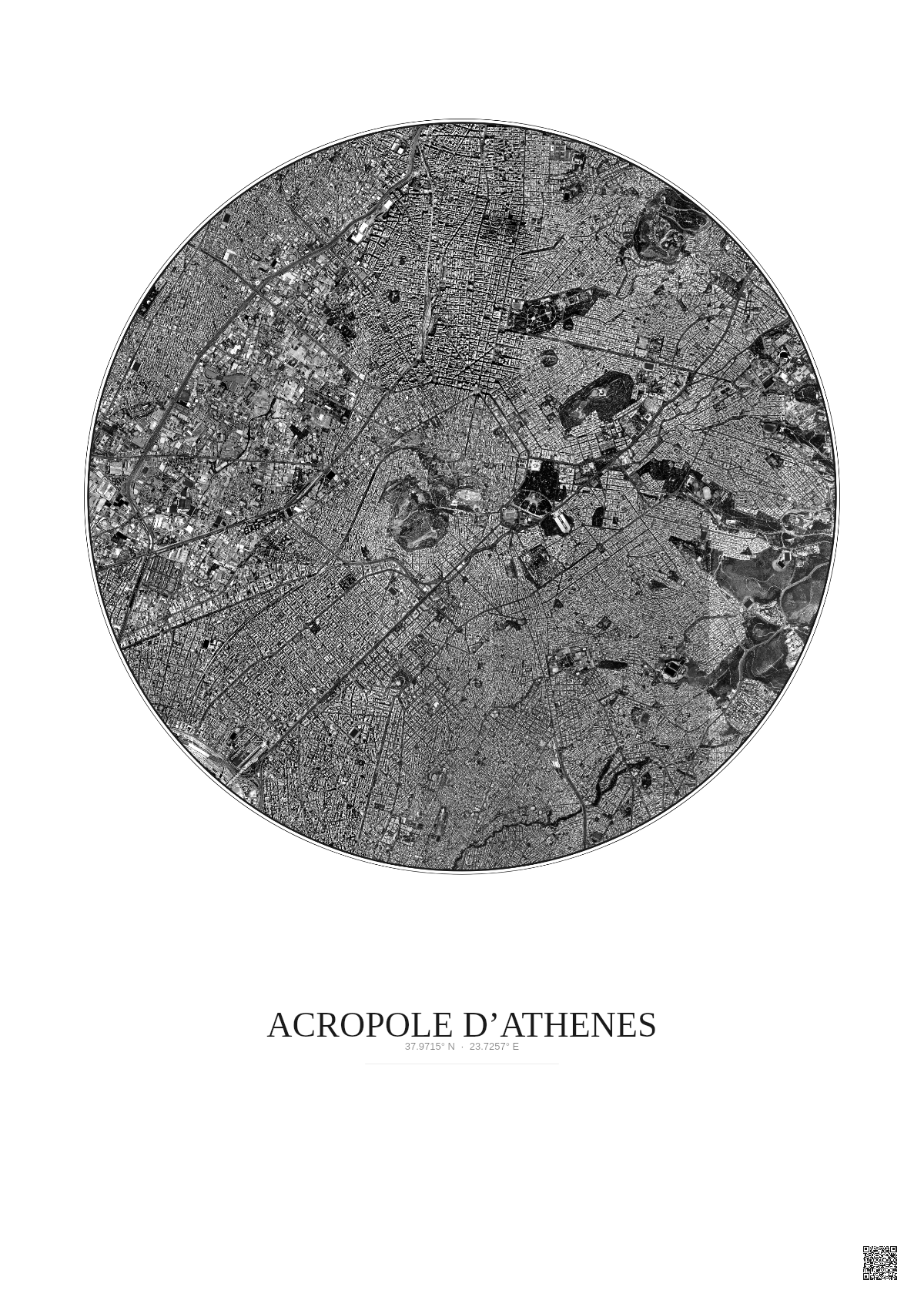Affiche Acropole Dathenes – Poster vue satellite 5km N&B | Gravura – Fond clair