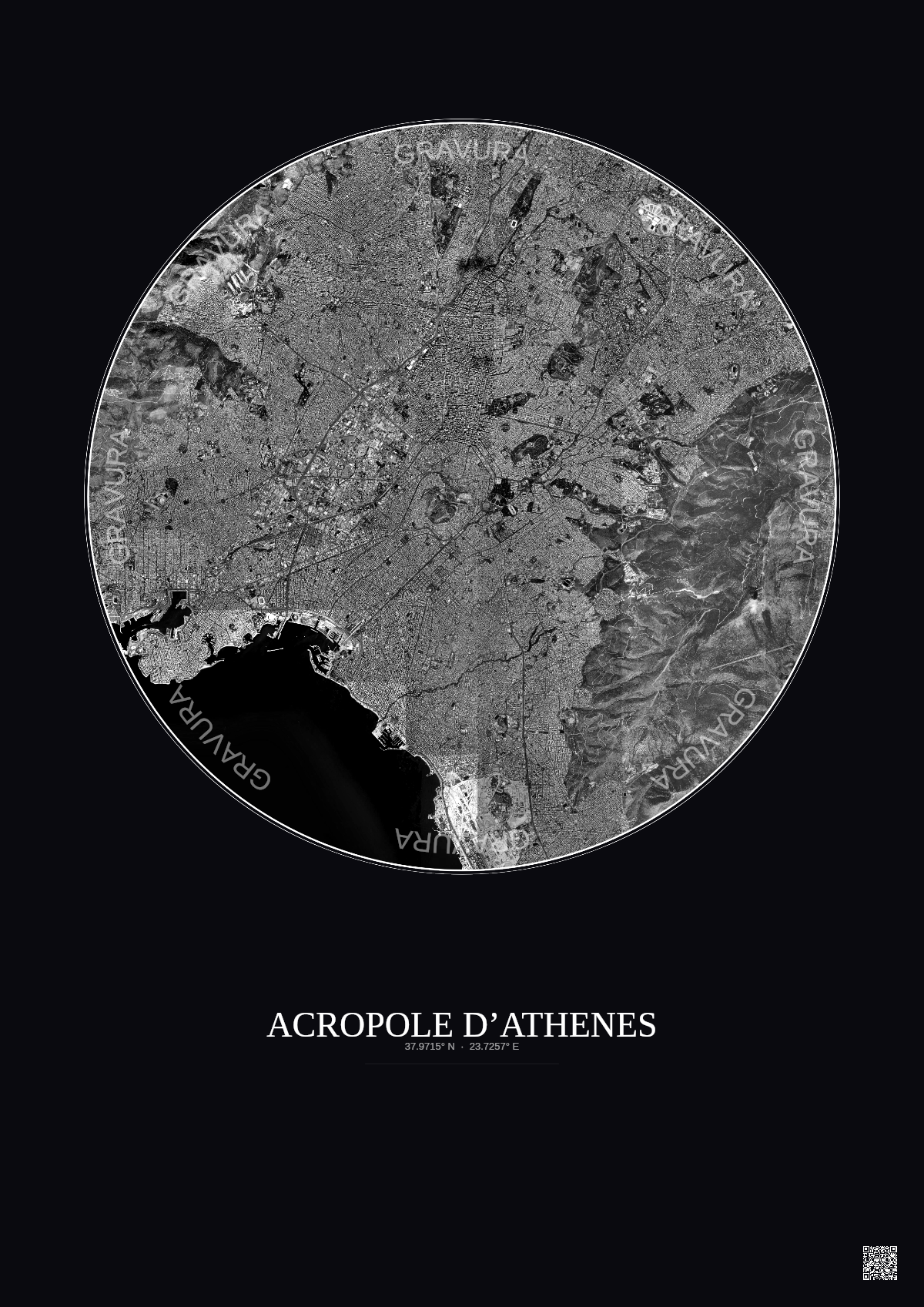 Affiche Acropole Dathenes – Poster vue satellite 10km N&B | Gravura – Fond foncé