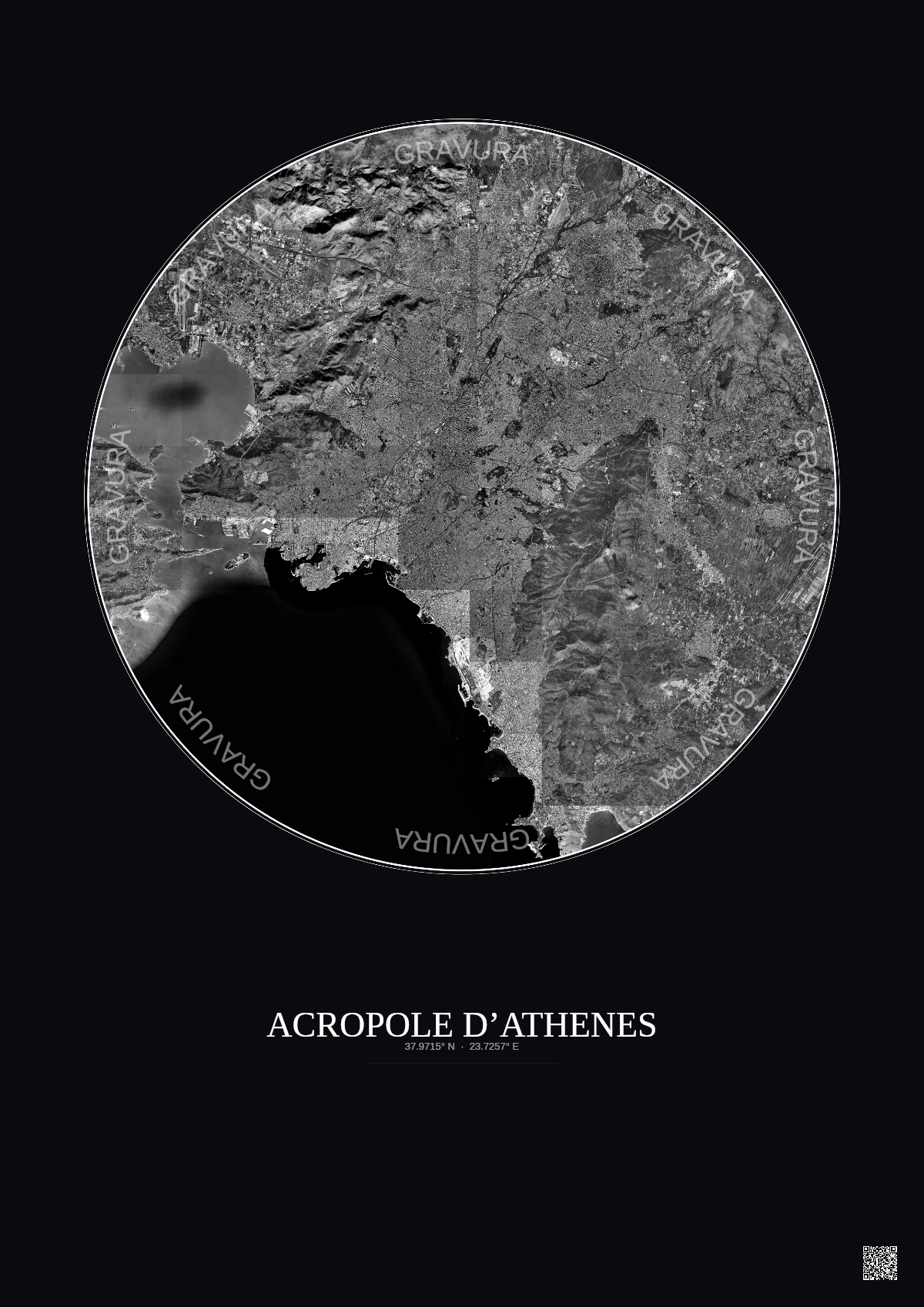 Affiche Acropole Dathenes – Poster vue satellite 20km N&B | Gravura – Fond foncé