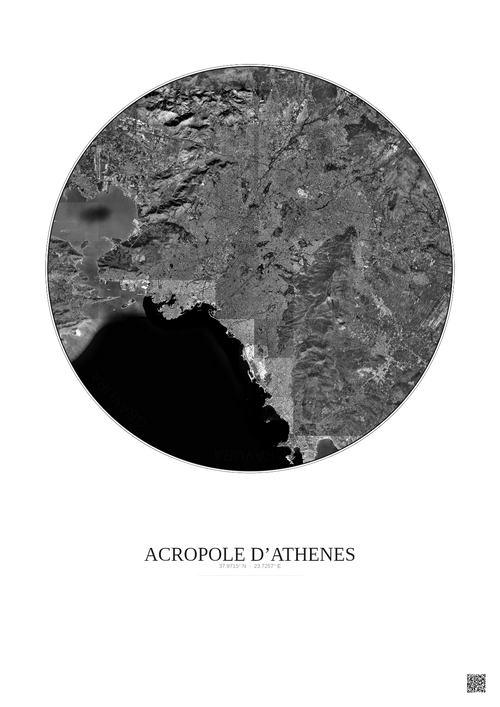 Affiche Acropole Dathenes – Poster vue satellite 20km N&B | Gravura – Fond clair