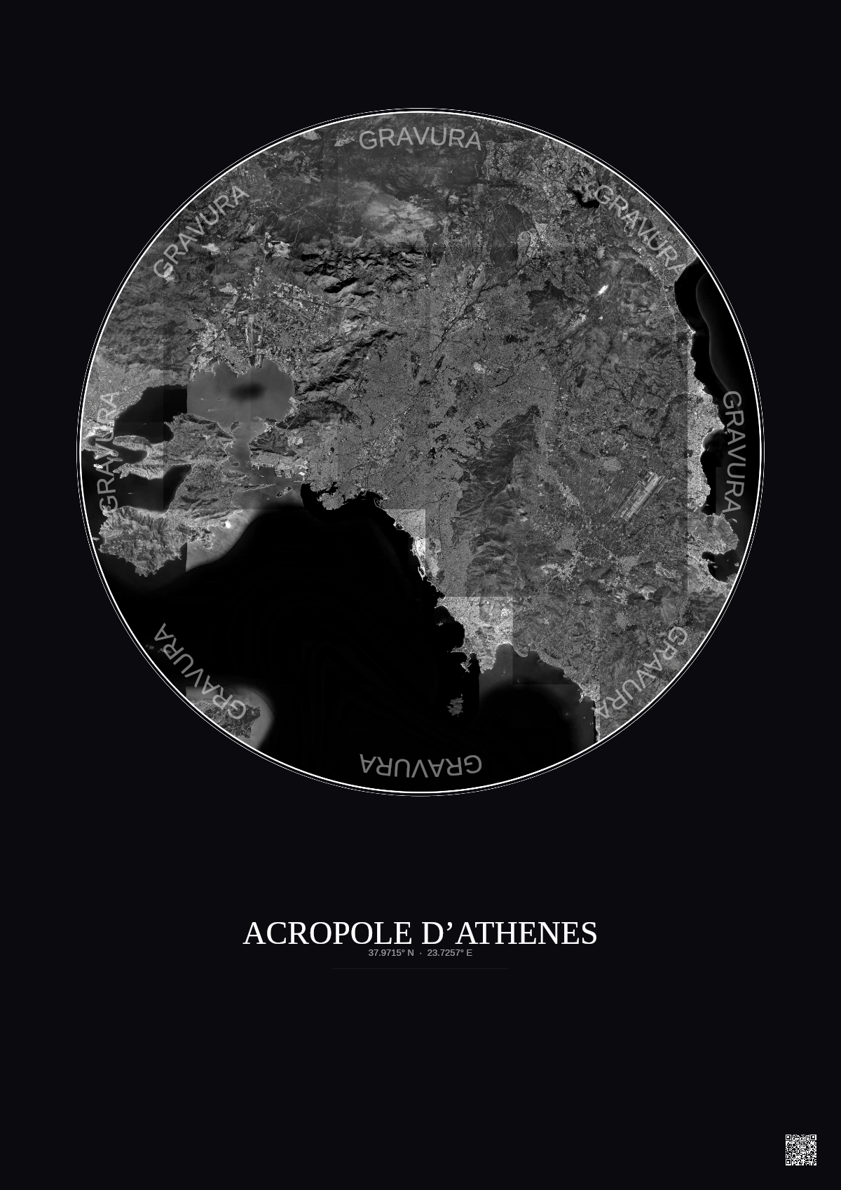 Affiche Acropole Dathenes – Poster vue satellite 30km N&B | Gravura – Fond foncé