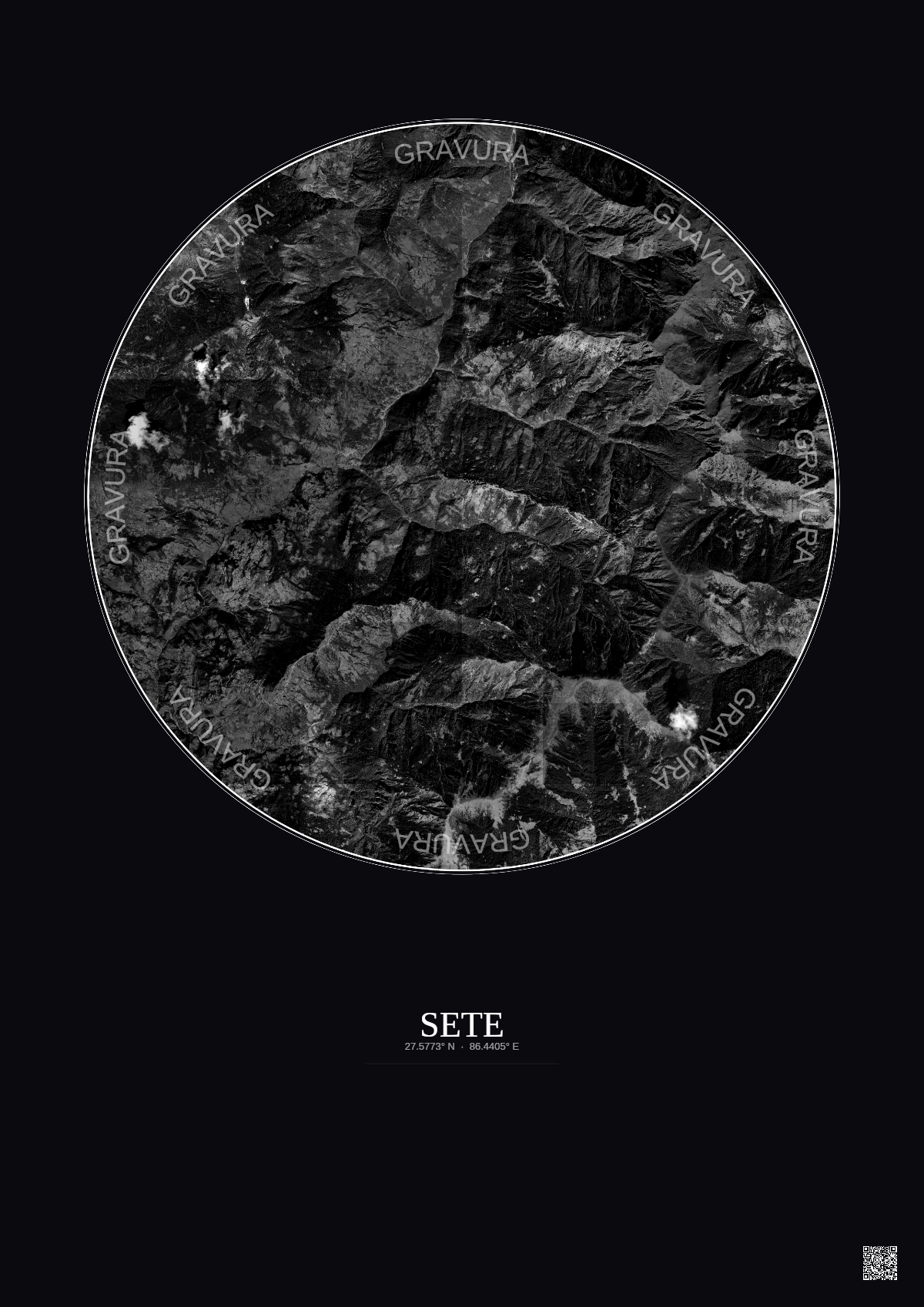 Affiche Sete – Poster vue satellite 10km N&B | Gravura – Fond foncé