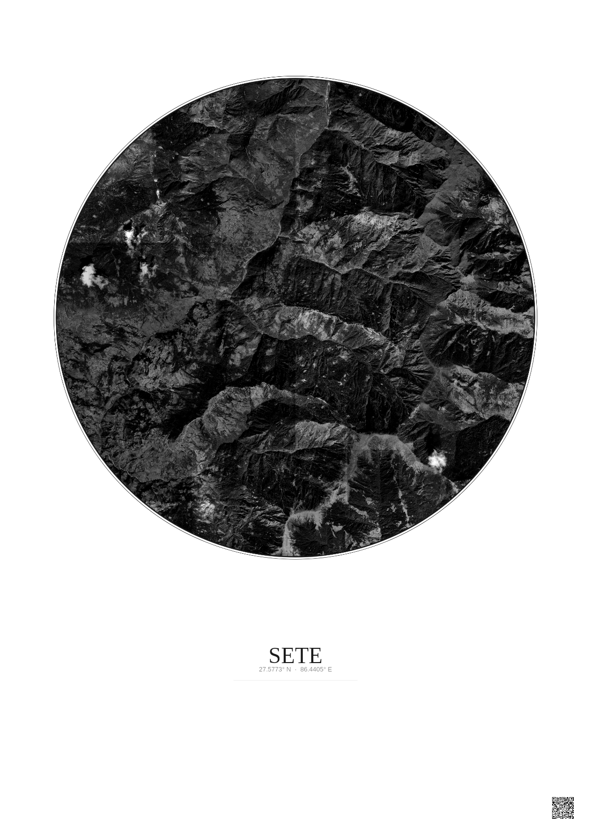 Affiche Sete – Poster vue satellite 10km N&B | Gravura – Fond clair