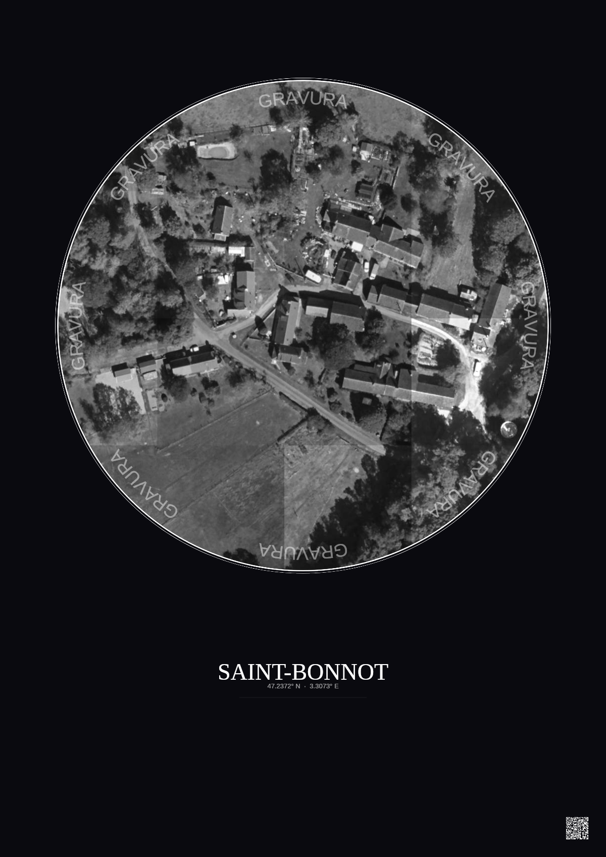 Affiche personnalisée Saint-Bonnot — Satellite 0.1 km · N&B · Fond foncé | Gravura